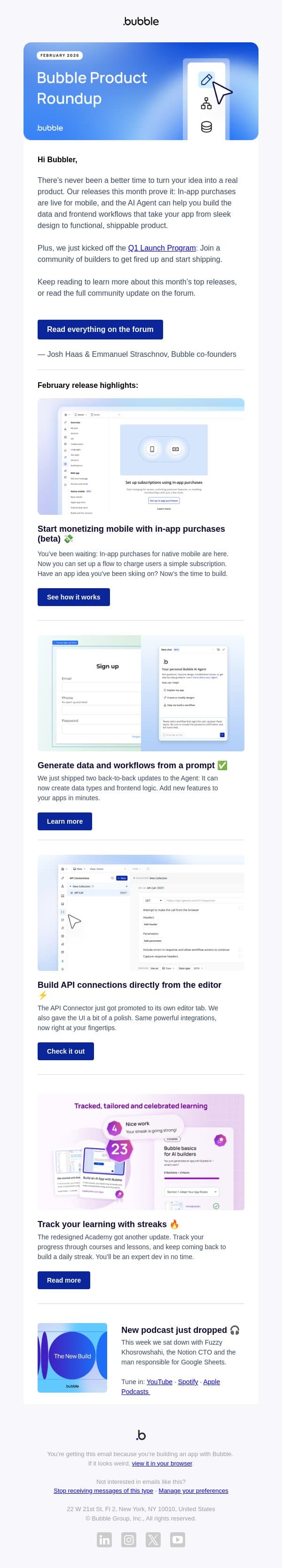 Bubble Product Newsletter: February ‘26 email from Bubble screenshot