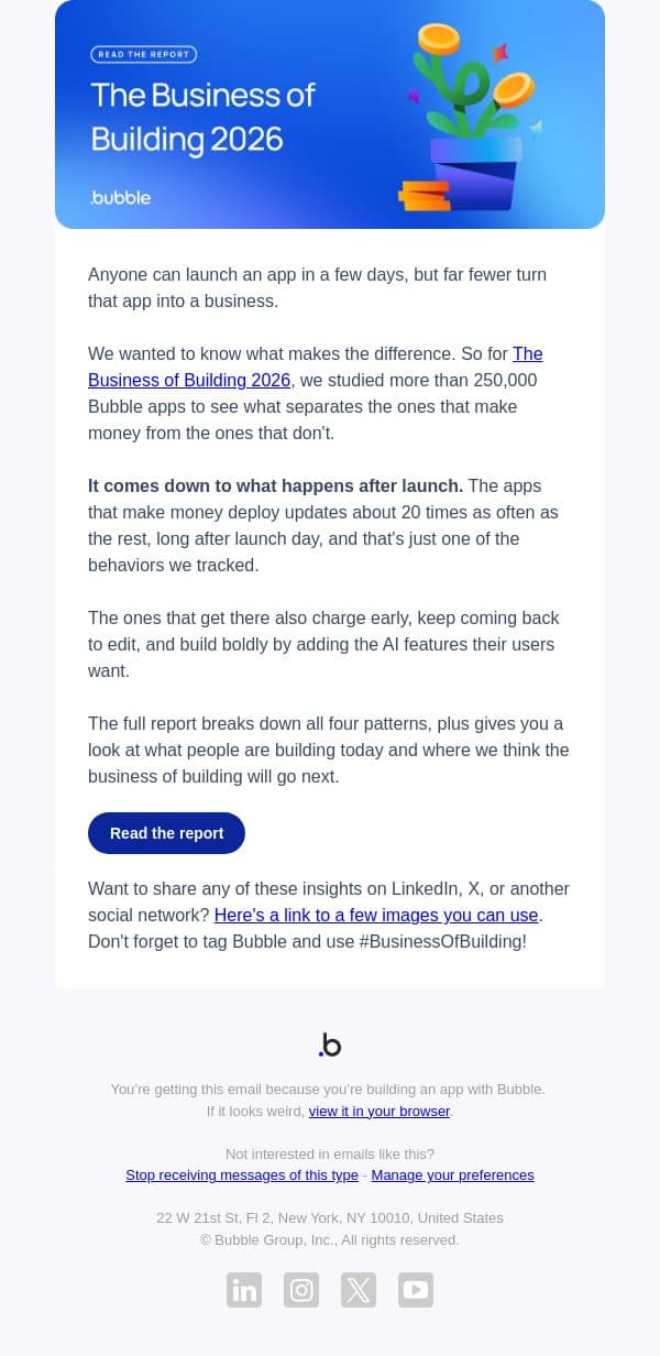 Read the report: The four habits behind apps that make money email from Bubble screenshot