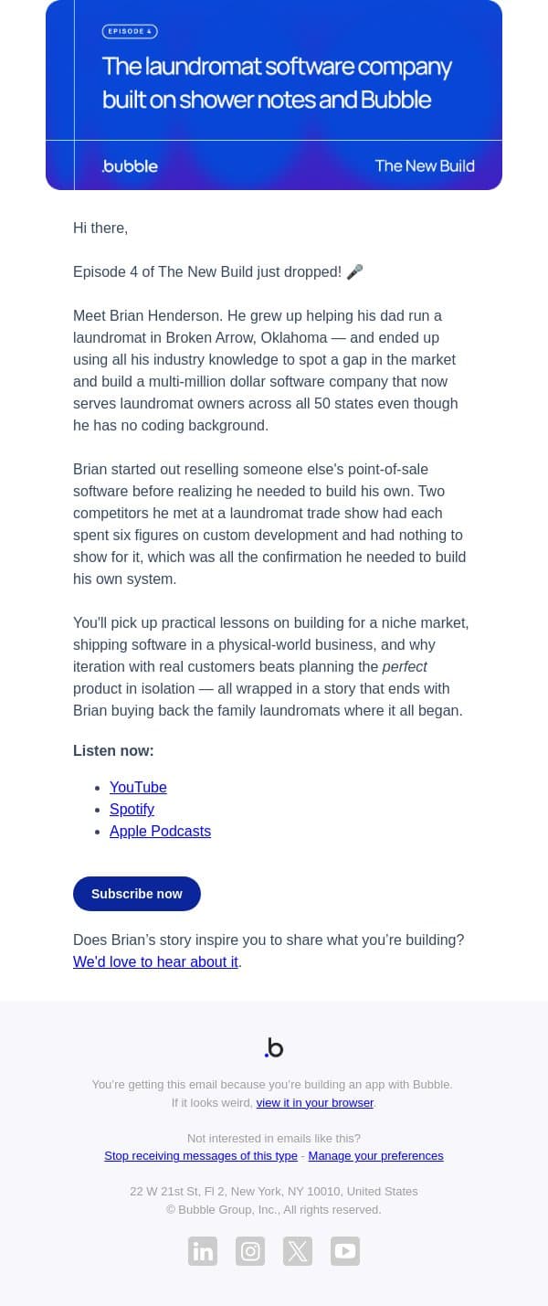 Episode 4: The family laundromat that turned into a multi-million dollar company 💰 email from Bubble screenshot