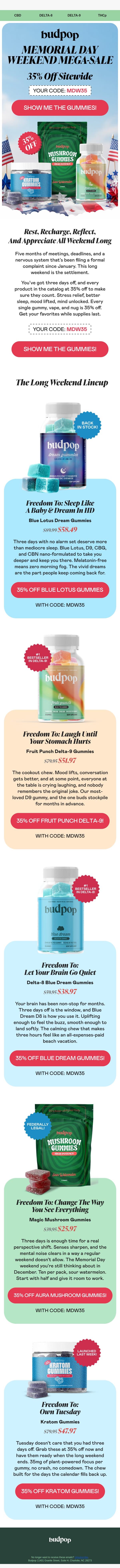Memorial Day Weekend Sale is LIVE! email from Budpop screenshot