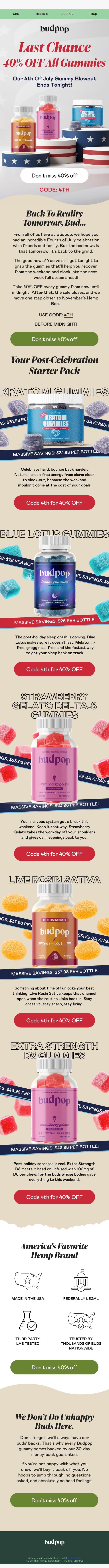 ⚠️ LAST CALL: 40% off all gummies email from Budpop screenshot
