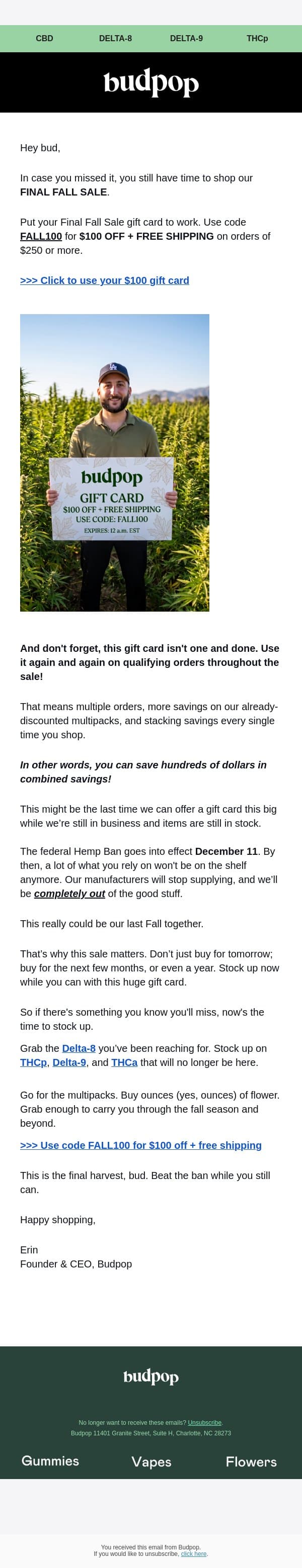 You have $100 ready to use email from Budpop screenshot