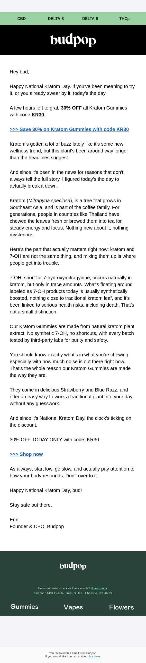 Better than caffeine, *but... email from Budpop screenshot