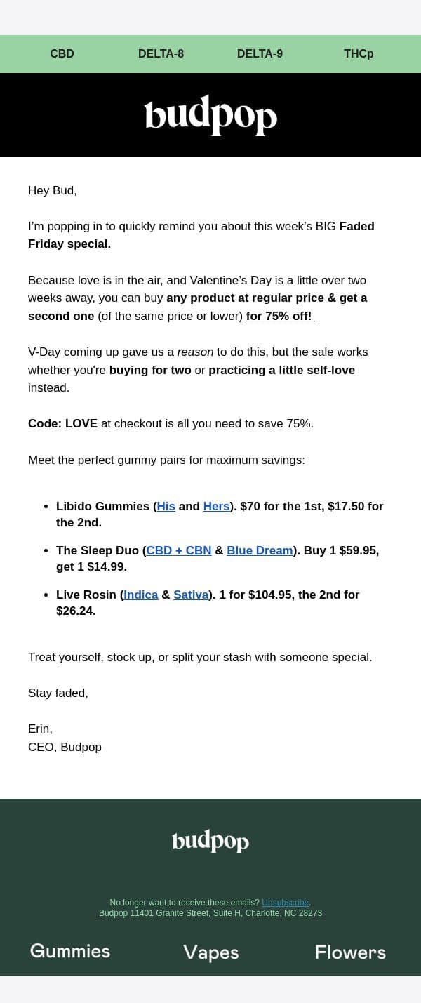 You’re gonna love this (prep for Valentine's Day) email from Budpop screenshot