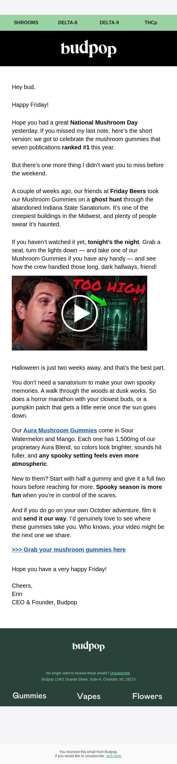 🍄 🪦 Yesterday was Mushroom Day. Time to get spooky 👻 email from Budpop screenshot