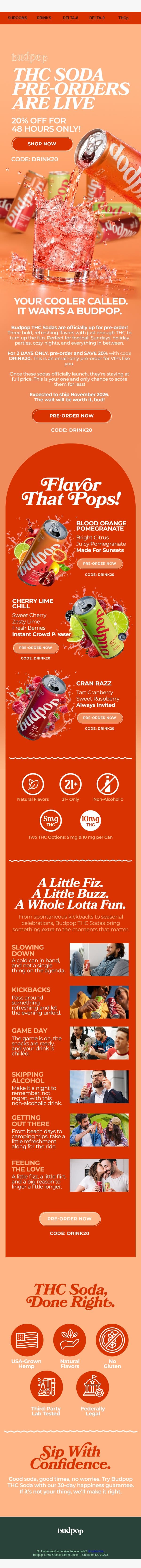 NEW DROP! THC Soda Pre-Orders Are LIVE! email from Budpop screenshot
