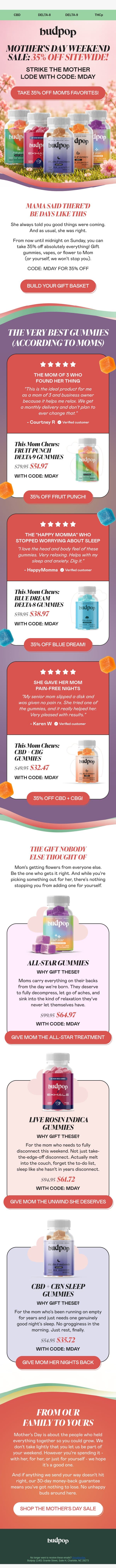 Mom’s orders: 35% off all weekend 🫡 email from Budpop screenshot