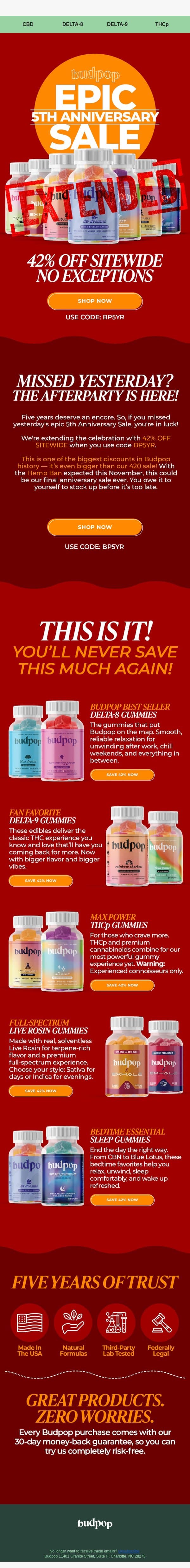 Missed Yesterday? Save 42% Today 🎉 email from Budpop screenshot