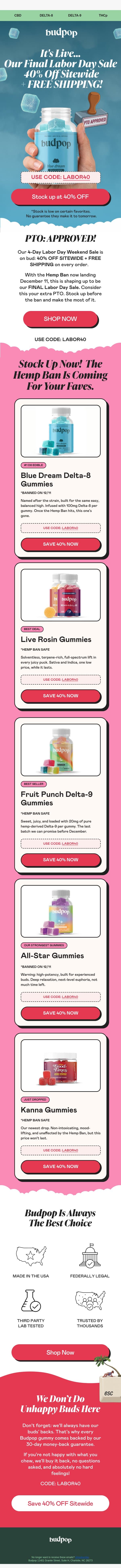🇺🇸 LABOR DAY: 40% OFF Is LIVE 🚨 email from Budpop screenshot