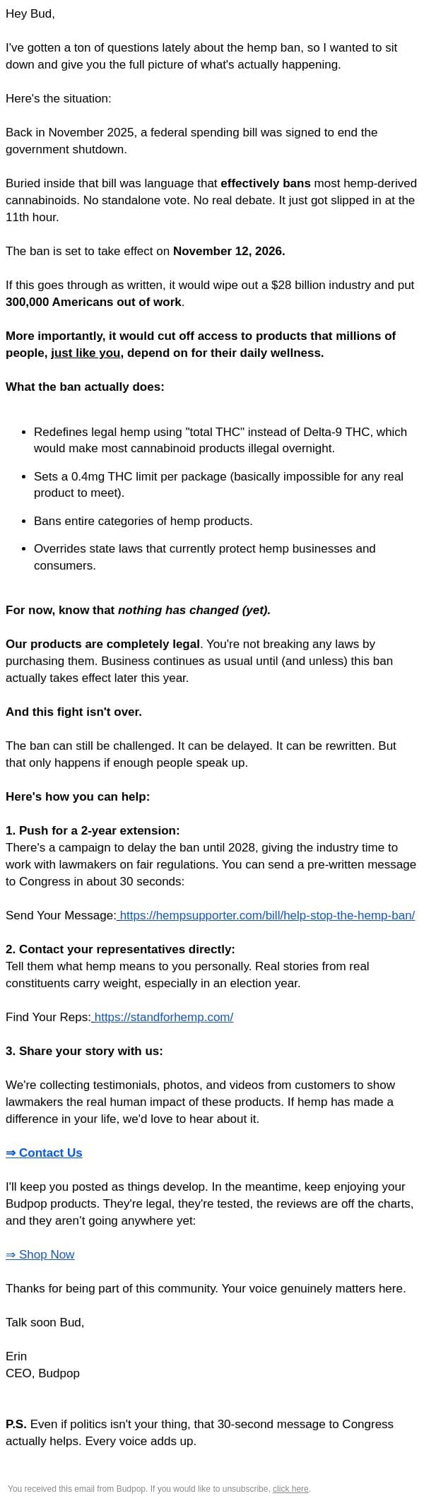 Is this the end of hemp? email from Budpop screenshot