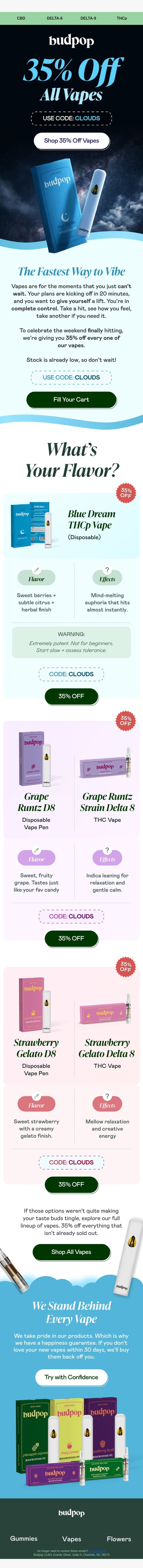 🚀 Faded Friday: 35% OFF ALL Vapes email from Budpop screenshot