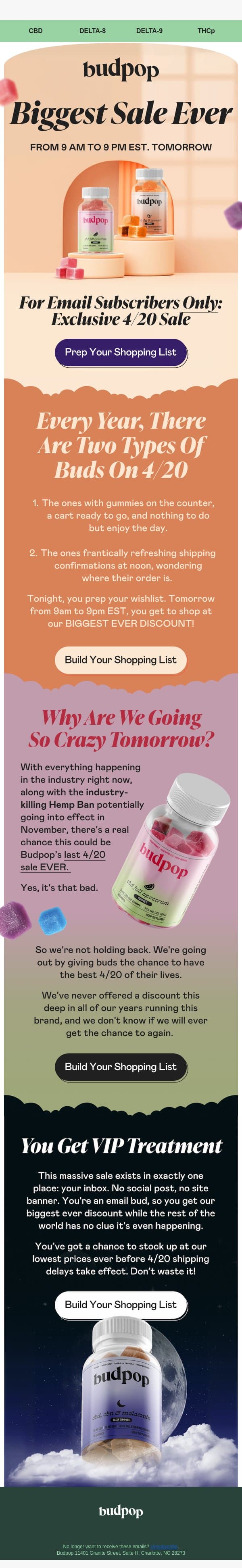 42% off for 4/20 (email buds only) 🤫 email from Budpop screenshot