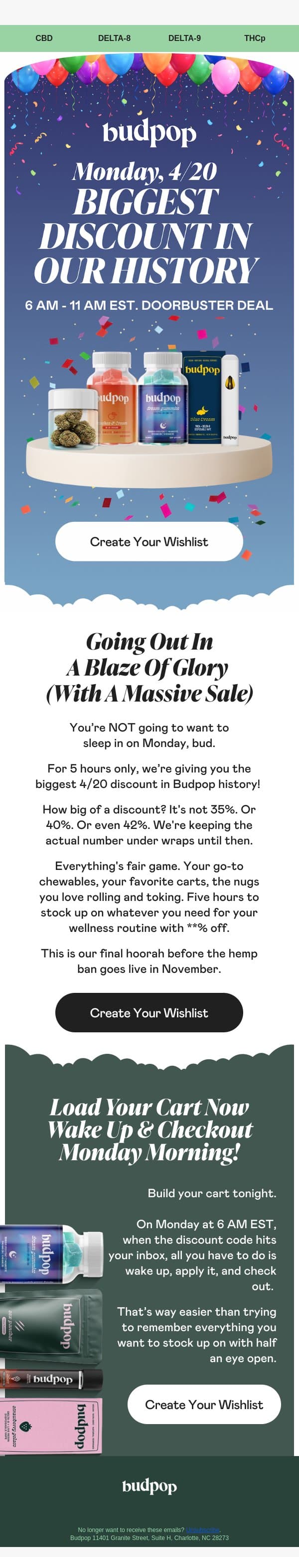 🤫 Mystery Doorbuster 4/20 Sale Loading email from Budpop screenshot