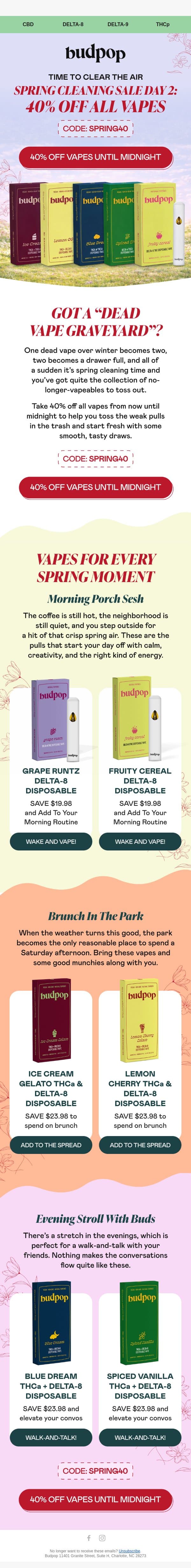 🚀 Day 2: 40% Off ALL Vapes email from Budpop screenshot