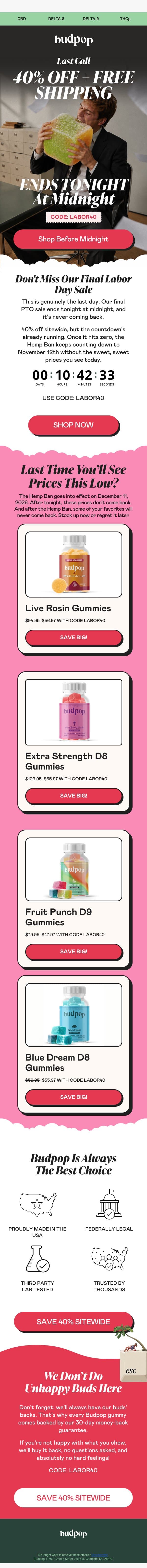 🦅 LAST CALL: 40% OFF Ends Tonight email from Budpop screenshot