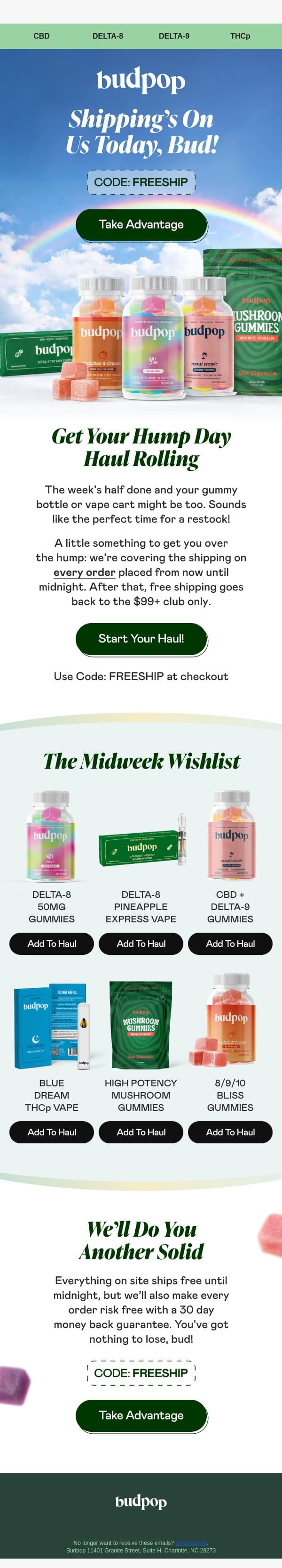 FREE shipping till midnight 🐪 email from Budpop screenshot