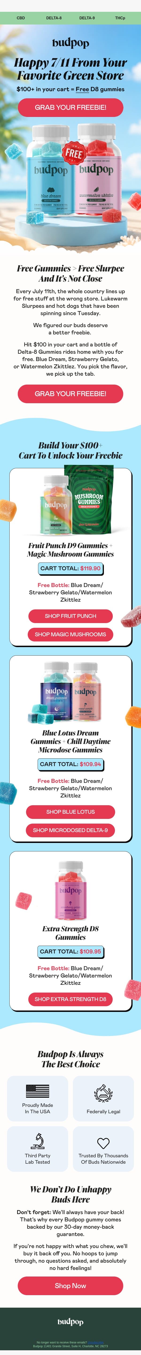 FREE Gummies for 7/11! 🟢 🔴 🟠 email from Budpop screenshot
