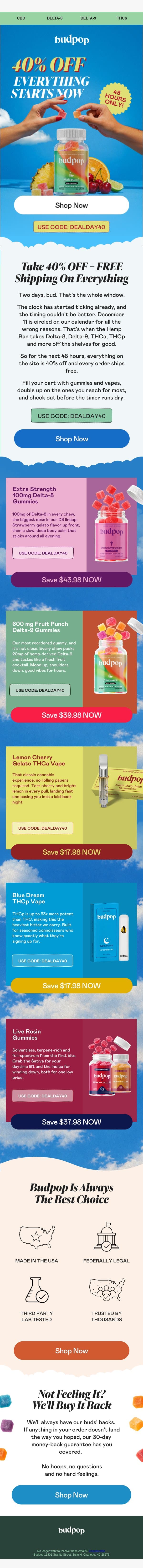 🚨48 Hours - Everything is 40% Off & Ships Free email from Budpop screenshot