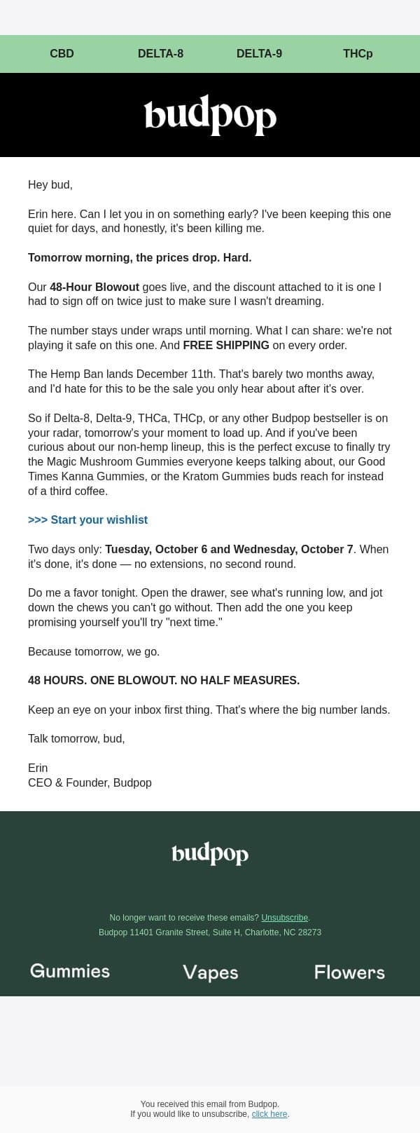 🧨 48-Hour Blowout Starts Tomorrow email from Budpop screenshot