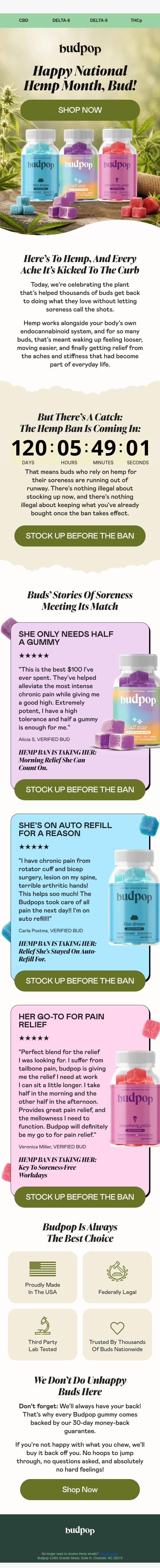 Dear hemp, thank you for easing our soreness 💌 email from Budpop screenshot