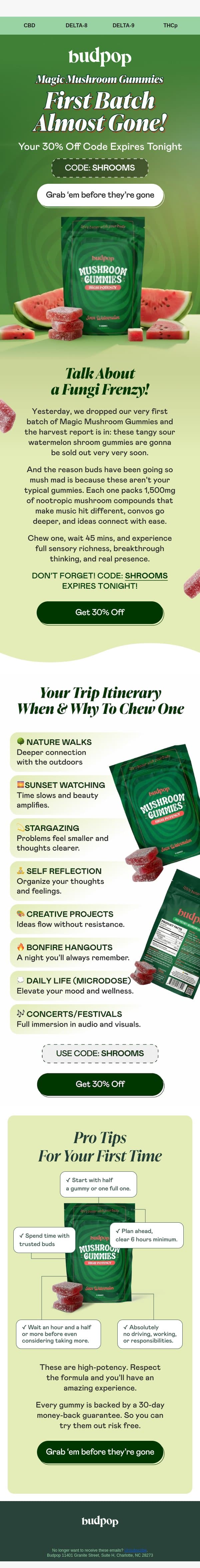 🎇 Magic mushroom gummies almost gone email from Budpop screenshot