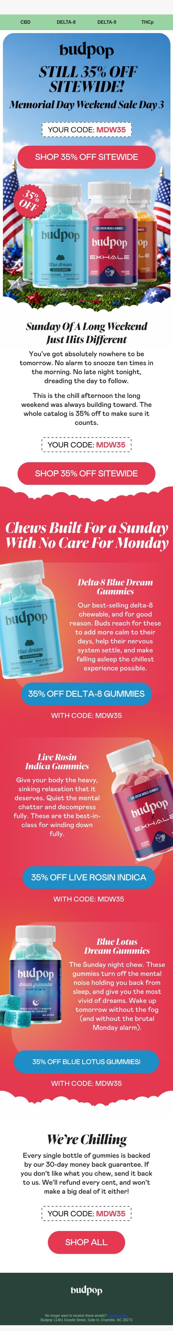 🇺🇸 No alarm tomorrow. 35% OFF today. email from Budpop screenshot