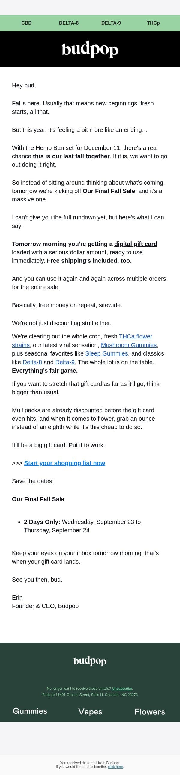 I've got a gift card for you tomorrow 💳 email from Budpop screenshot