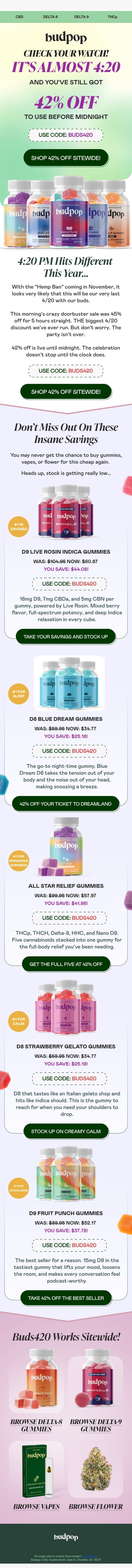 It's almost 4:20 👀 email from Budpop screenshot