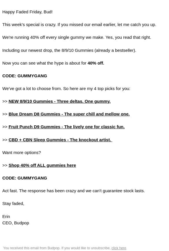Today is crazy email from Budpop screenshot