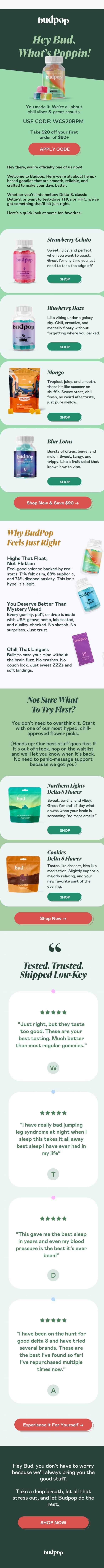 Welcome to BudPop 🍃 Where Chill Is the Only Agenda email from Budpop screenshot