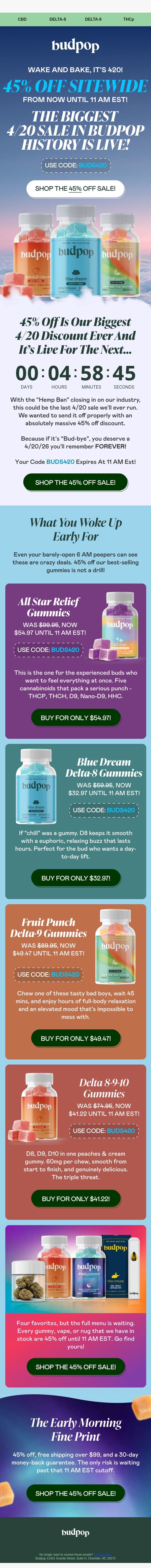 🍬 5 HOURS ONLY: 45% OFF Doorbuster Sale email from Budpop screenshot