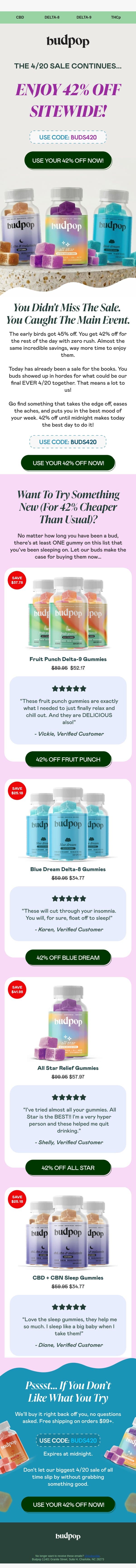 For the buds that missed it: 42% off sale 🤝 email from Budpop screenshot