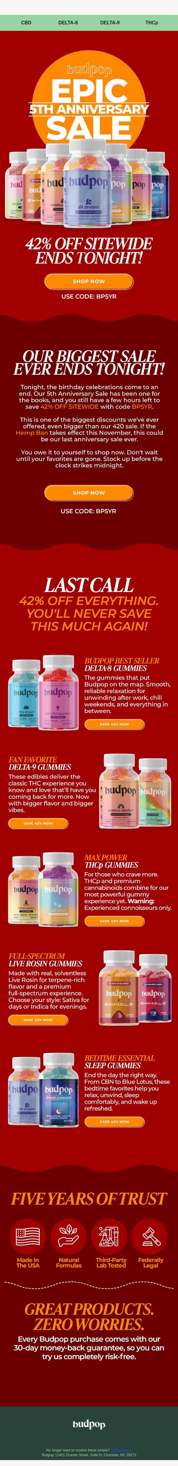 Final Hours: Save 42% Sitewide ⏰ email from Budpop screenshot