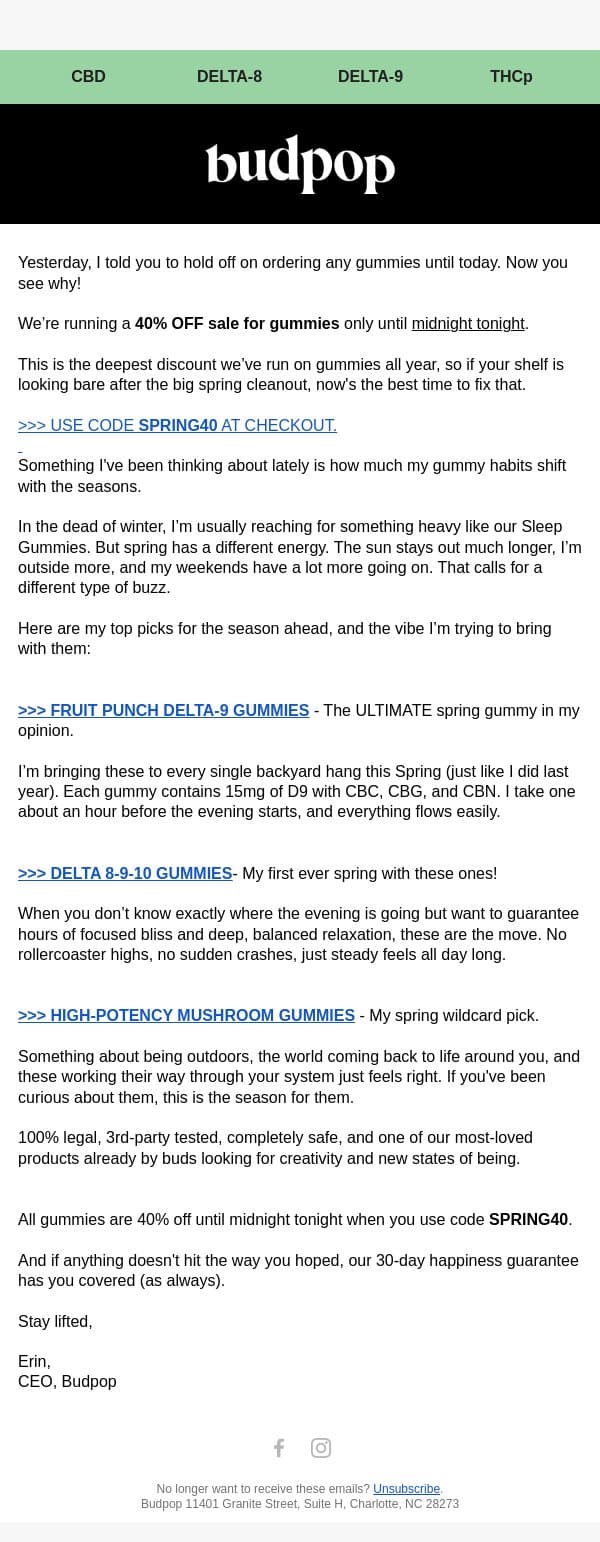 I told you to wait email from Budpop screenshot