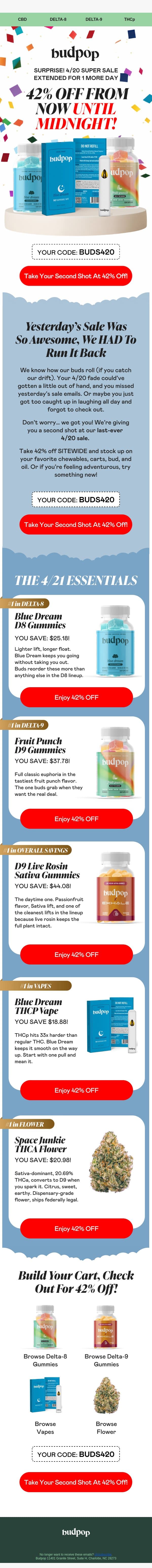 Got too faded and missed yesterday’s sale? 💨 email from Budpop screenshot