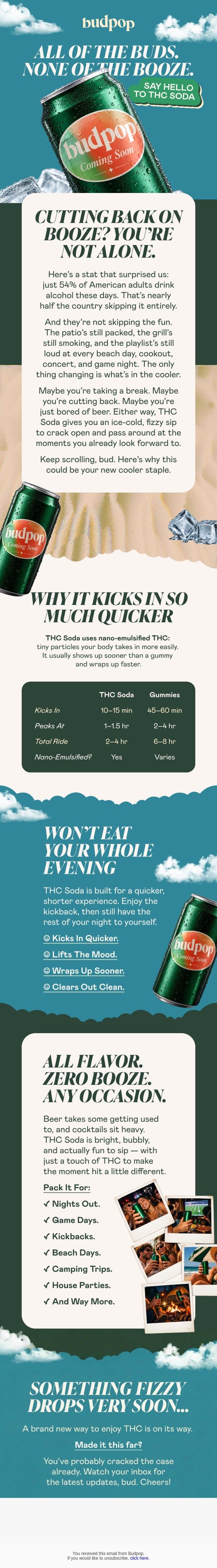Meet THC Soda: the new way to bring the buds and skip the booze. email from Budpop screenshot