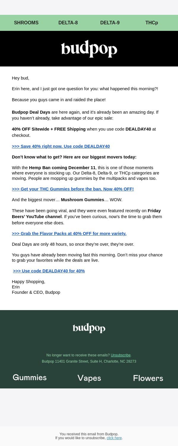 I Wouldn’t Miss This One email from Budpop screenshot