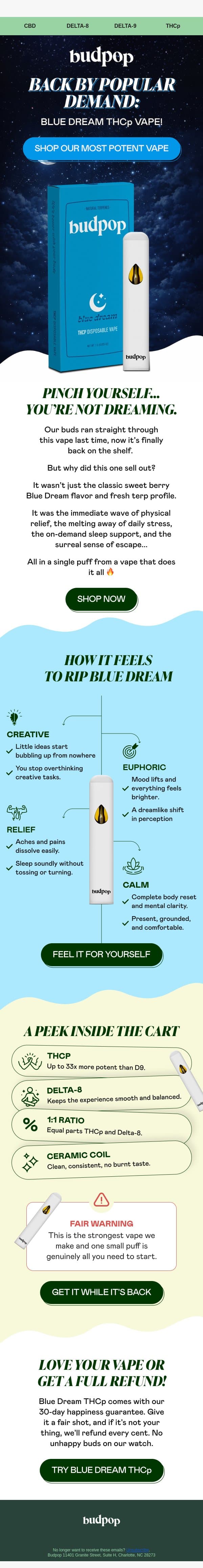BACK IN STOCK: THCp vapes 🔥 email from Budpop screenshot