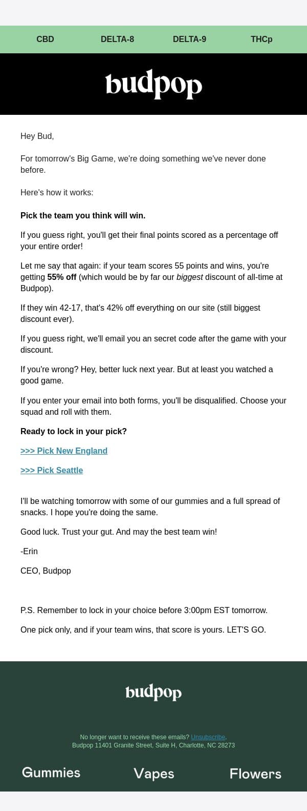 Tomorrow's game = your biggest discount ever? email from Budpop screenshot