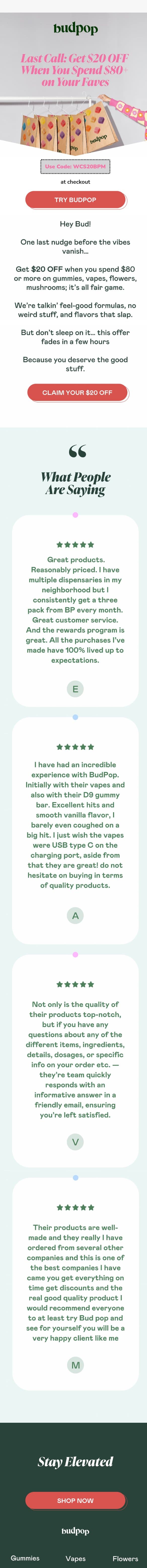 $20 OFF Ends at Midnight 🌙 email from Budpop screenshot
