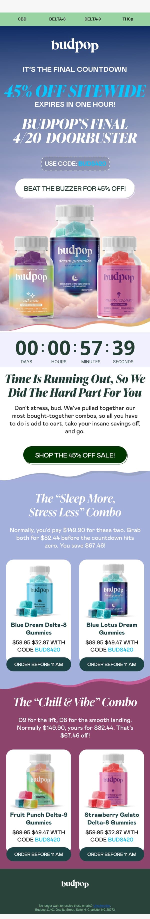 🚨 ACT FAST: 45% OFF ENDS IN 1 HOUR! email from Budpop screenshot