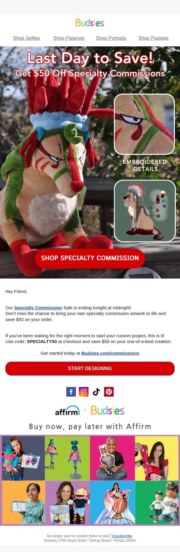 Final Hours: $50 Off Specialty Commissions! email from Budsies screenshot
