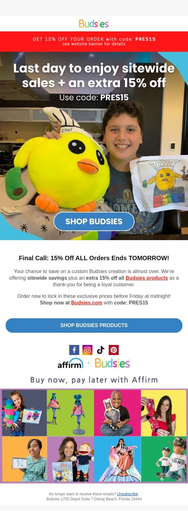 Our Presidents' Day Extension Ends tomorrow! email from Budsies screenshot
