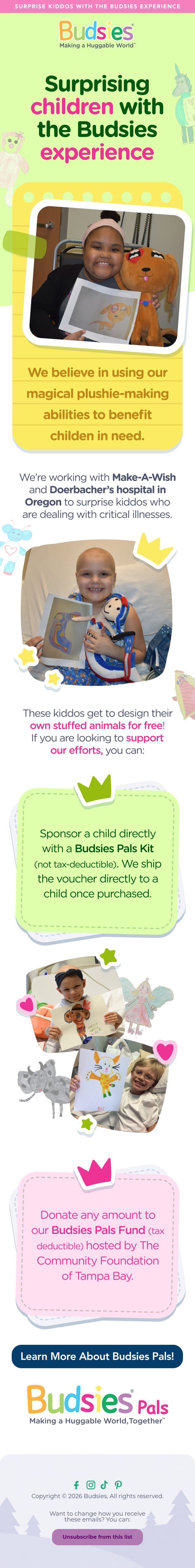 Make-A-Wish kiddos are getting a Budsies surprise! email from Budsies screenshot