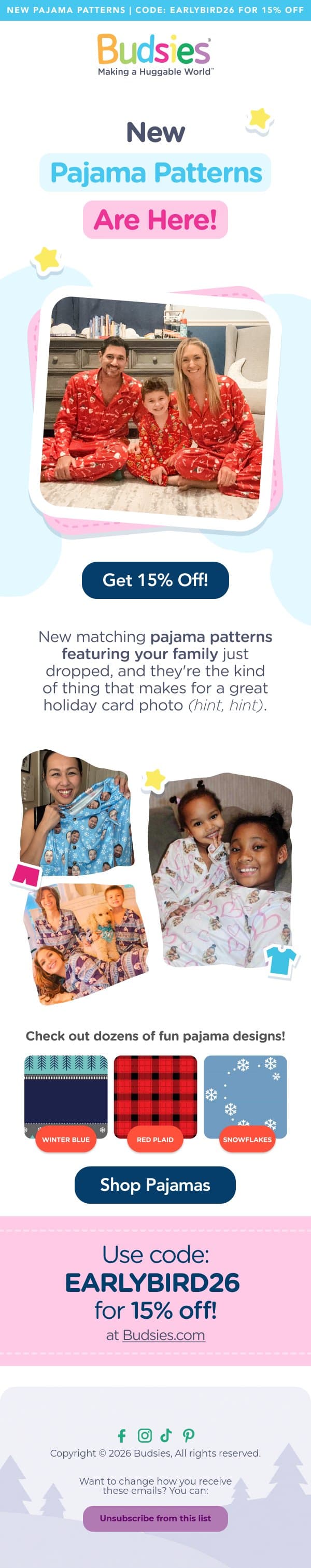 Holiday patterns just dropped: Matching Family PJs 🧸 email from Budsies screenshot