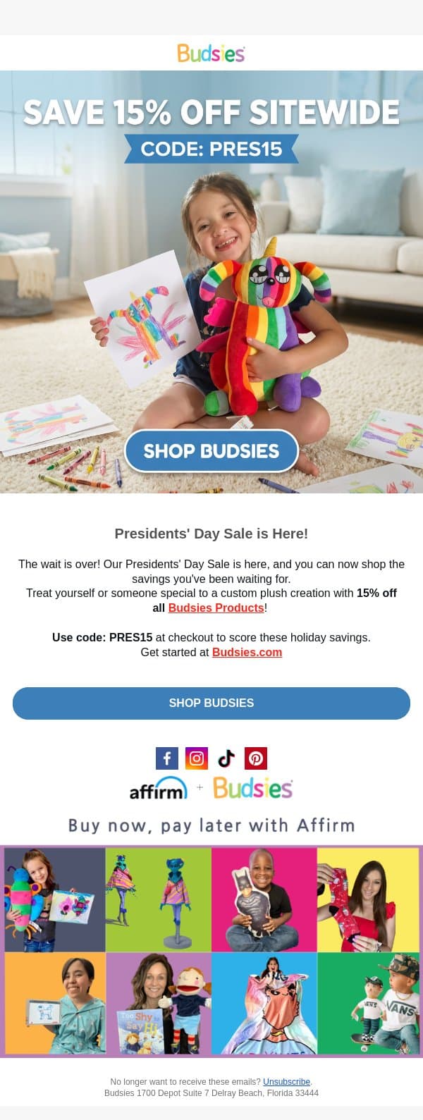 Presidents' Day Savings: Take 15% OFF Site-Wide! 🇺🇸 email from Budsies screenshot