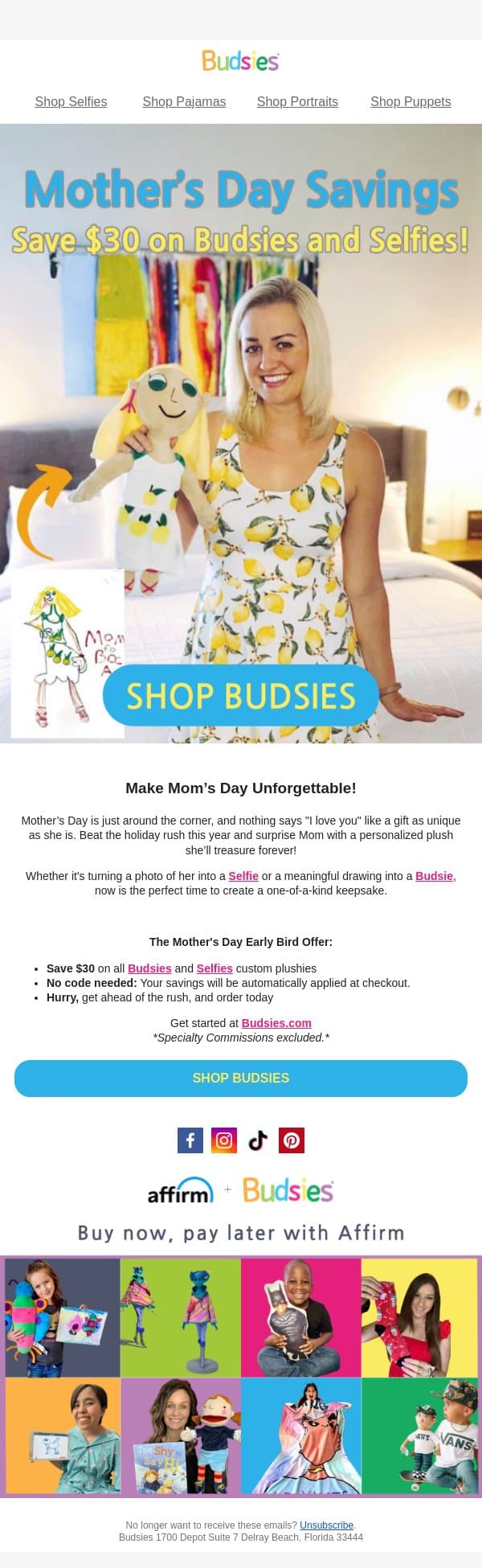 Claim Your $30 Credit for Mother's Day! email from Budsies screenshot