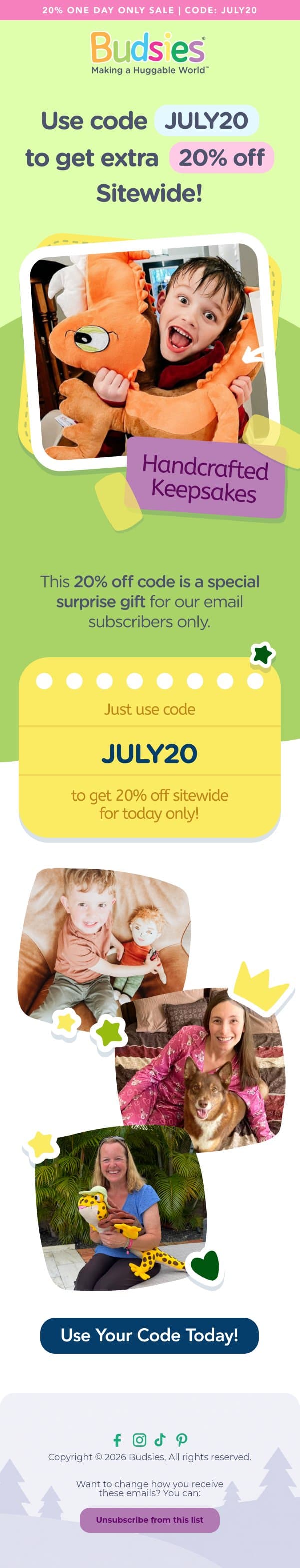 One day only - extra 20% the entire site! email from Budsies screenshot
