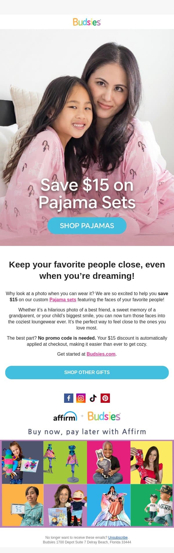 Keep your favorite faces close (and save $15!) 💖 email from Budsies screenshot