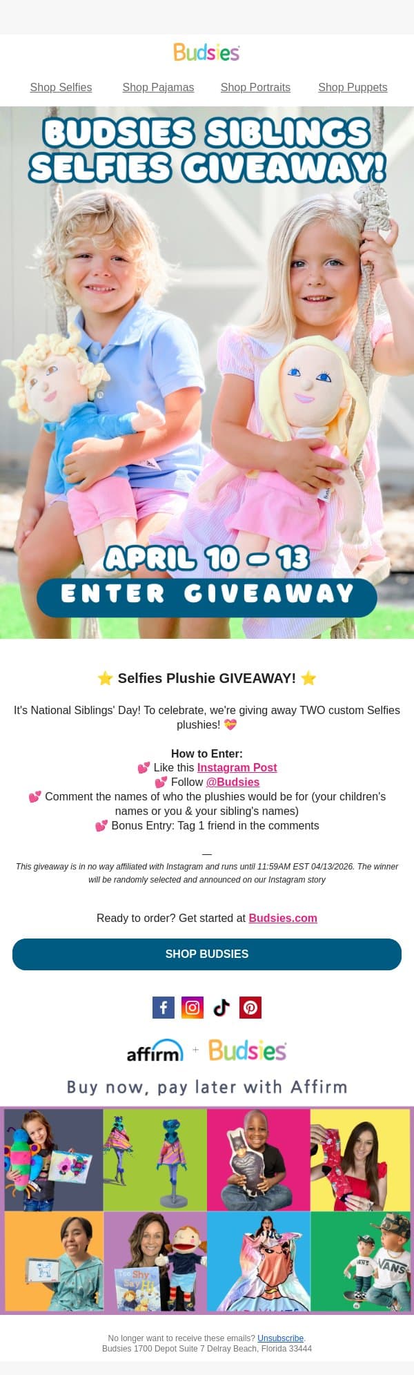 🎁 Double Your Fun: Win TWO Custom Selfies! email from Budsies screenshot
